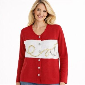 Quacker Factory Nautical Anchor Cardigan Sweater L Red Rope Applique Nantucket
